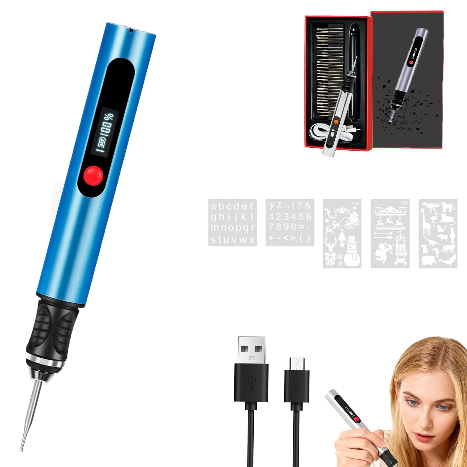Stylo Gravure, Sans Fil et Portable, Kit Complet de Gravure Électrique – Le Graveur, Kit de Gravure, Grave Plus de 50 Surfaces, Idéal pour les Débutants, Comprend 30 Embouts et 5 Pochoirs (BLUE)