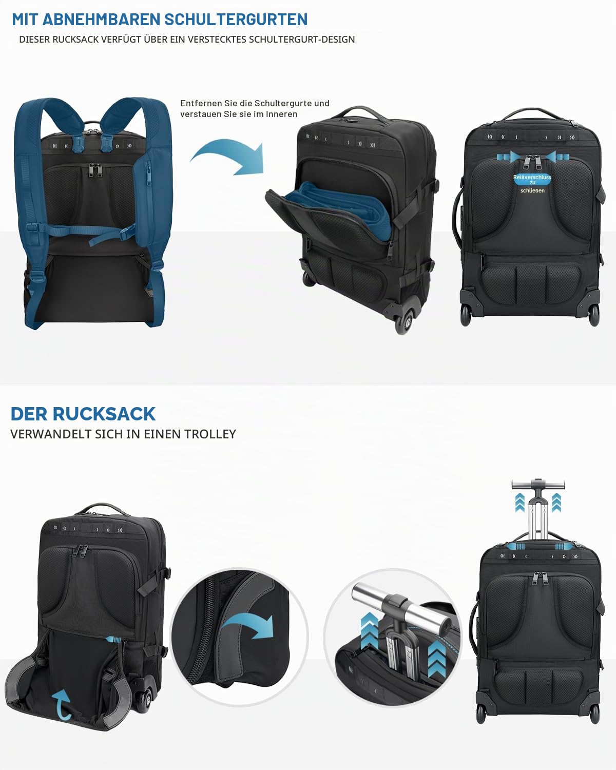 Trolley Rucksack mit Rollen – 45L Rollbarer Laptop-Rucksack inkl. 2 Packwürfeln, Wasserabweisendes Handgepäck für Flugzeug & Business, Koffer-Rucksack für Herren zum Reisen & Pendeln, Schwarz