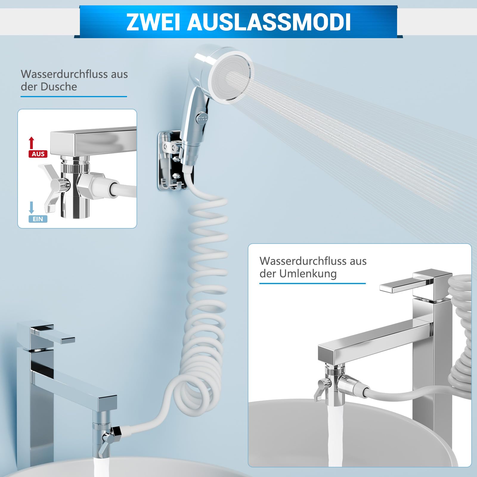 Handbrause für Waschbecken, Waschbeckenbrause mit Schlauch, Handbrause Duschkopf Set Mit Halterung, Waschbeckenbrause zum Haarewaschen, Wasserhahn, Bad für Behinderungen, Altere Menschen (Silber)