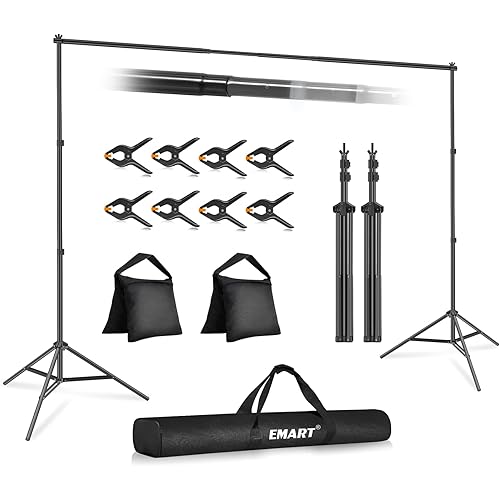 EMART Backdrop Stand 10x7ft(WxH) Photo Studio Adjustable Background Stand Support kit with 2 Crossbars, 8 Clamps, 2 Sandbags and Carry Bag for Parties, Events Decoration, Wedding, Photography