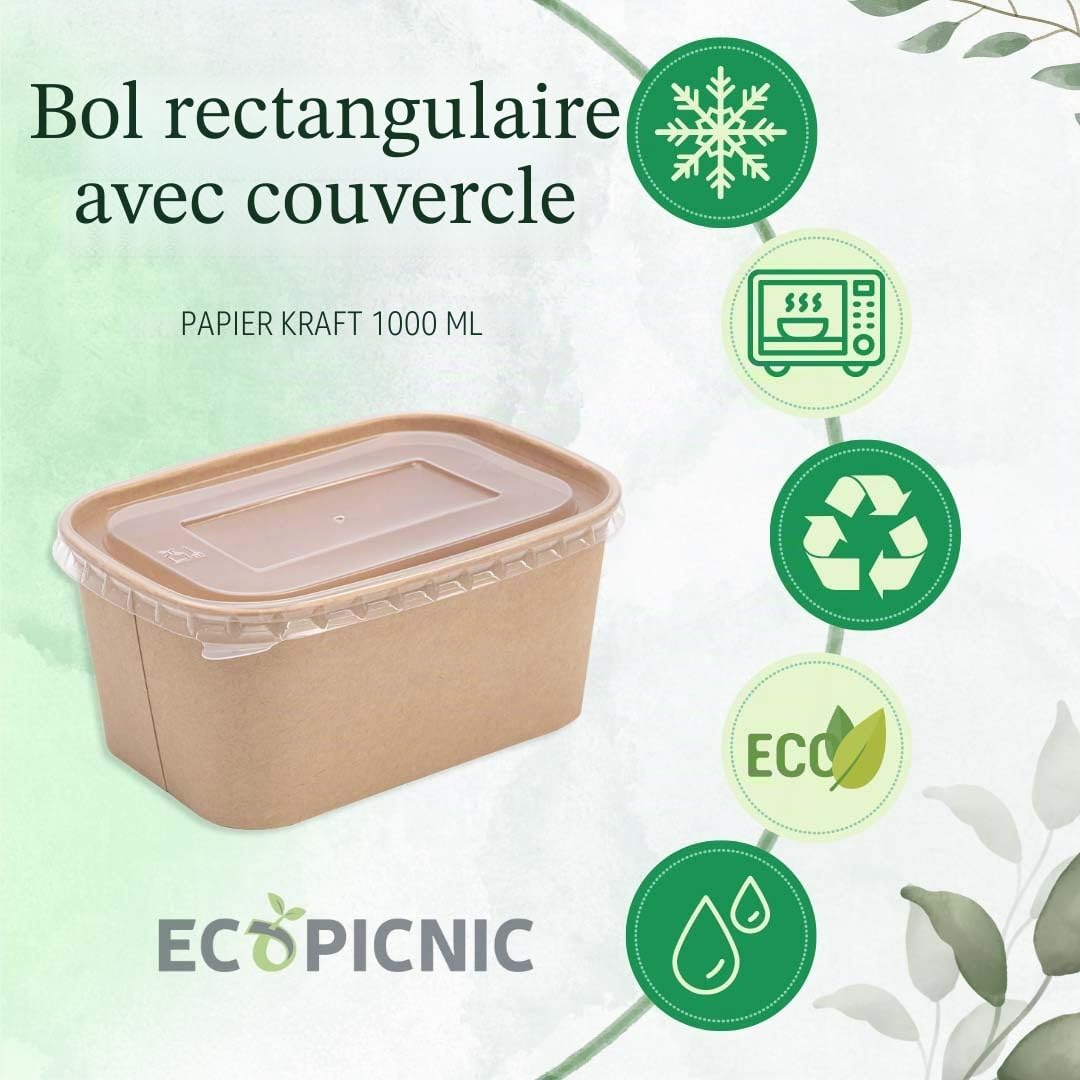 Lot de 50 saladiers rectangulaires 1000 ML en Papier Kraft jetables avec Couvercle en Pet | Boîtes Alimentaires pour salades, Repas à emporter