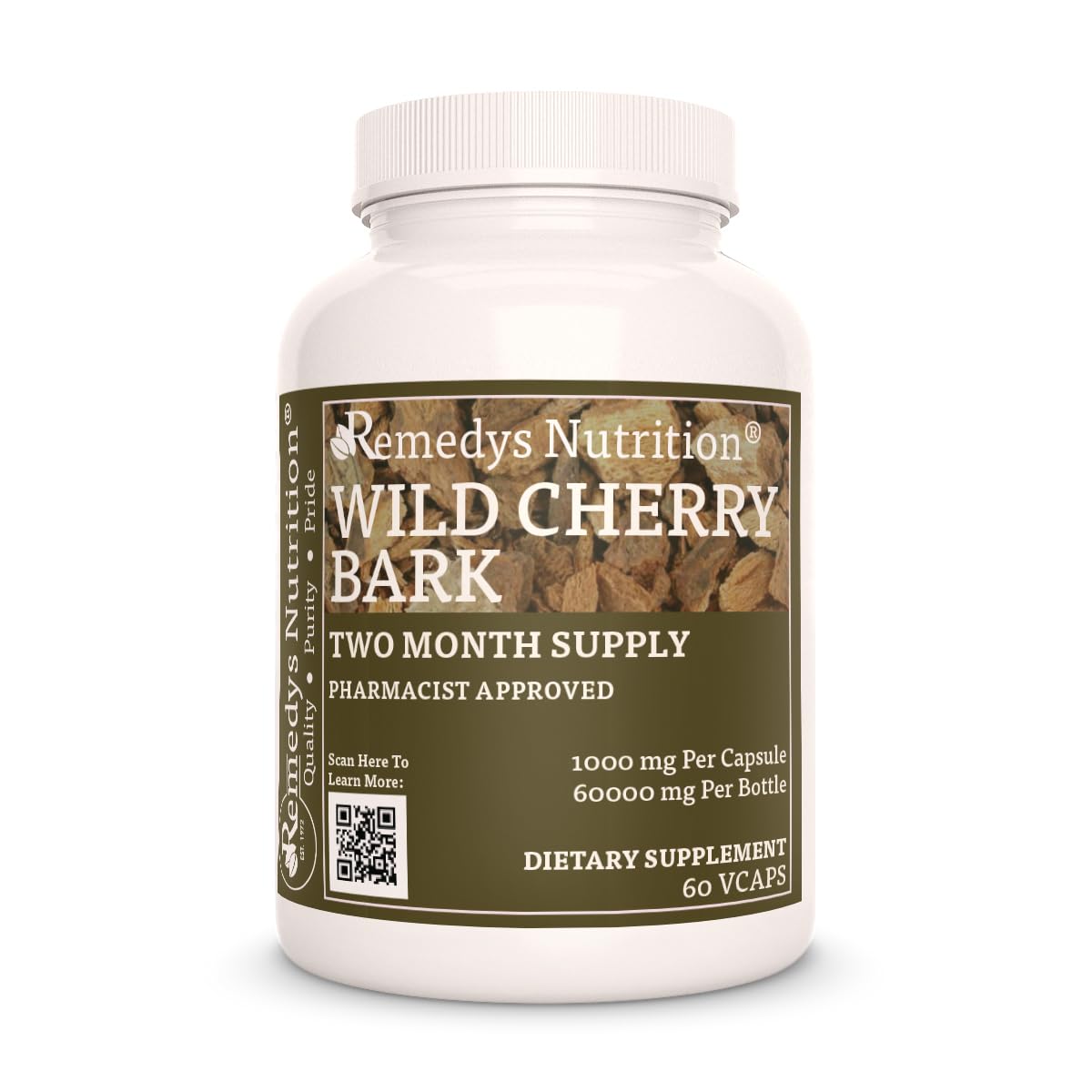 Remedy’s Nutrition Wild Cherry Bark | 1,000 mg, 60 Vegan Capsules Herbal Dietary Supplement | Two Month Supply
