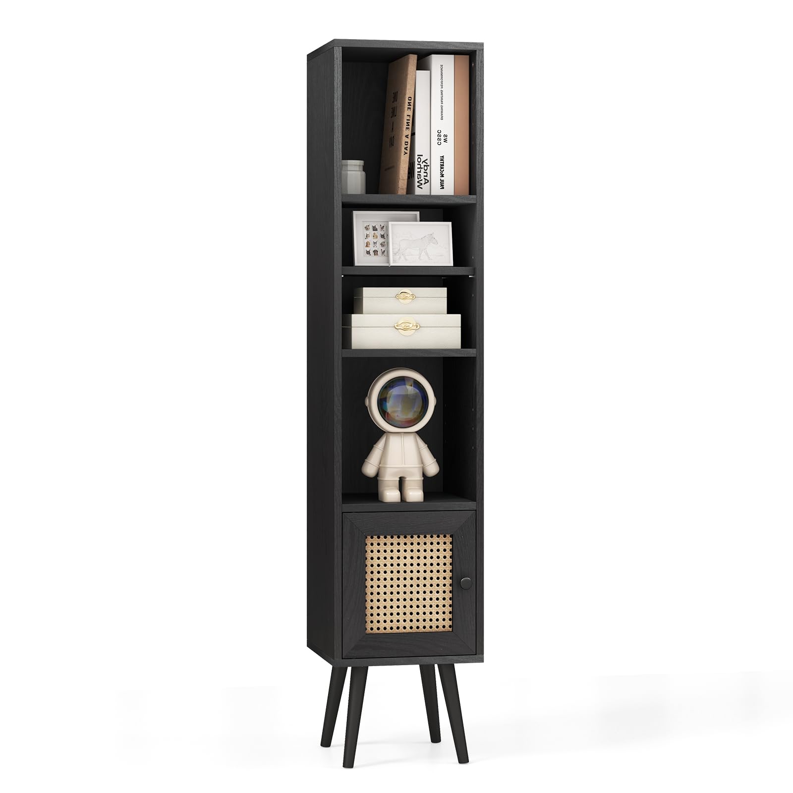 GIANTEX Armoire Autoportante avec Porte en Rotin, Meuble Colonne de Rangement avec Étagère Réglable, Bibliothèque sur Pied avec Dispositif Anti-basculement, pour Salon, Salle d’Étude (Noir)