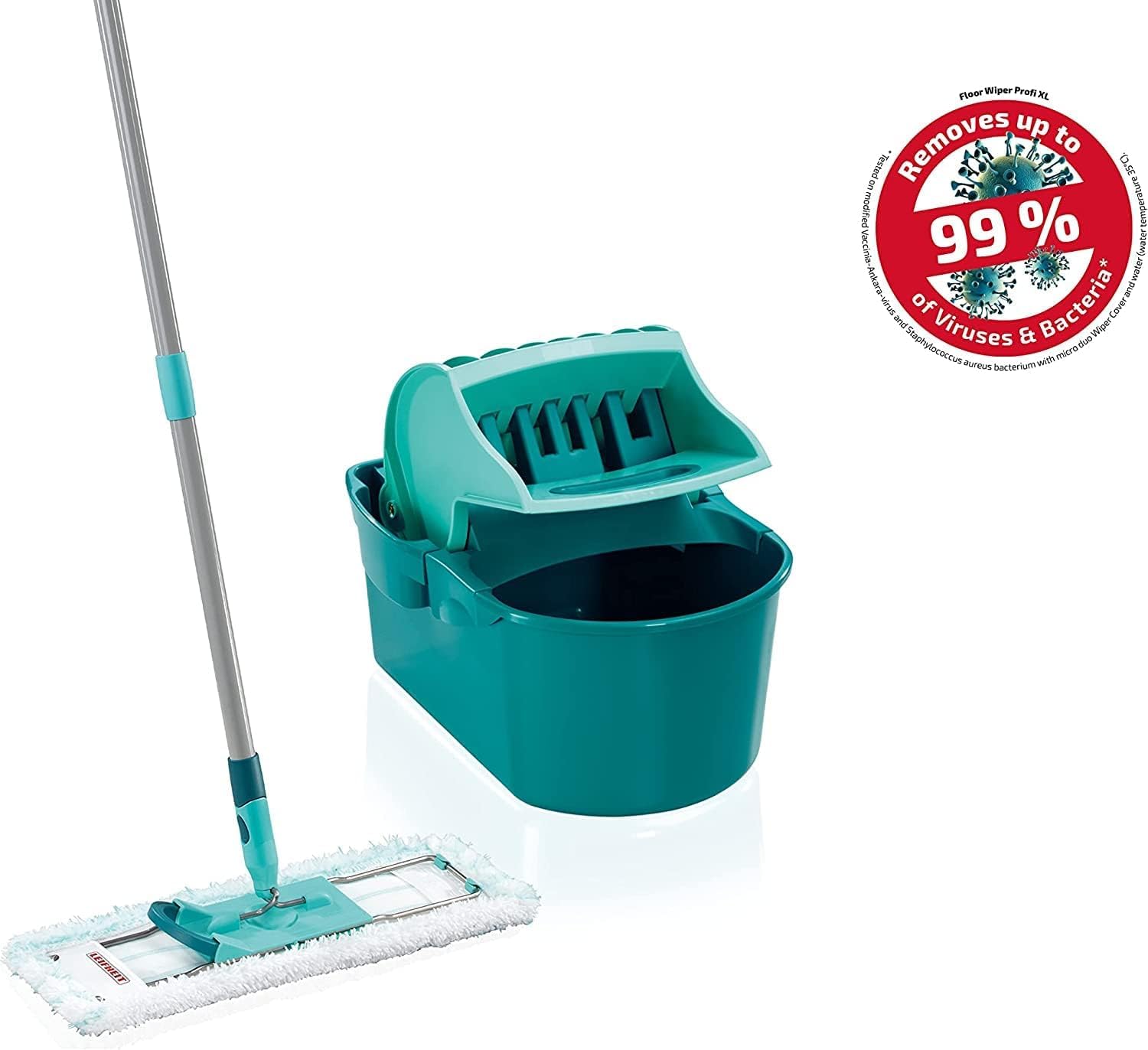 Leifheit Set de cubo escurridor y mopa fregona Profi Compact, mopa friegasuelos con articulación giratoria y cubo profesional con prensa | Juego de fregonas con funda lavable, 42 cm de ancho, funda de microfibra, para grandes superficies, compacta y compa