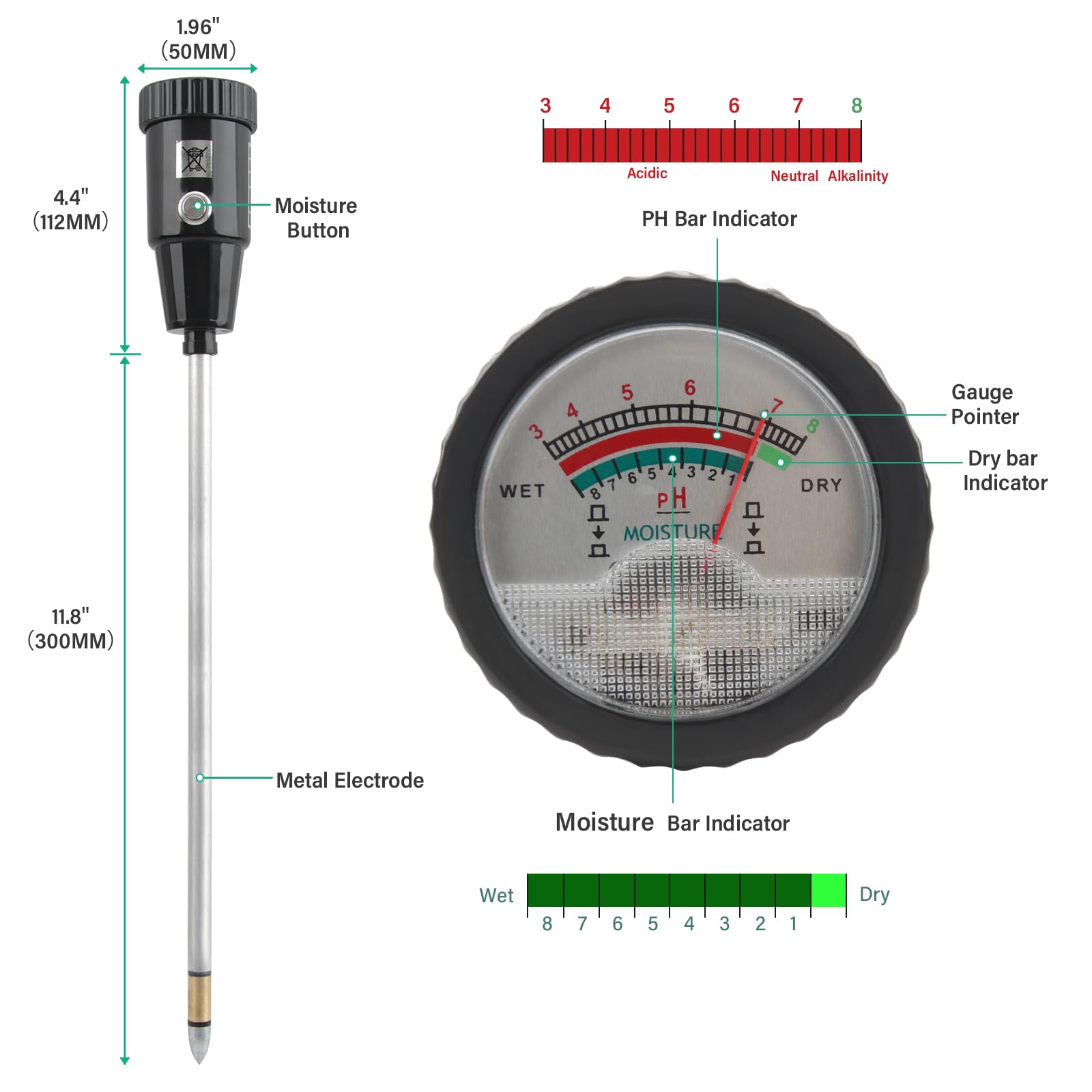 Medidor de pH y Humedad del Suelo, electrodo de 300 mm de Largo, comprobador de Suelo para jardín, césped, Granja, Uso Interior y Exterior, no Necesita Pilas.