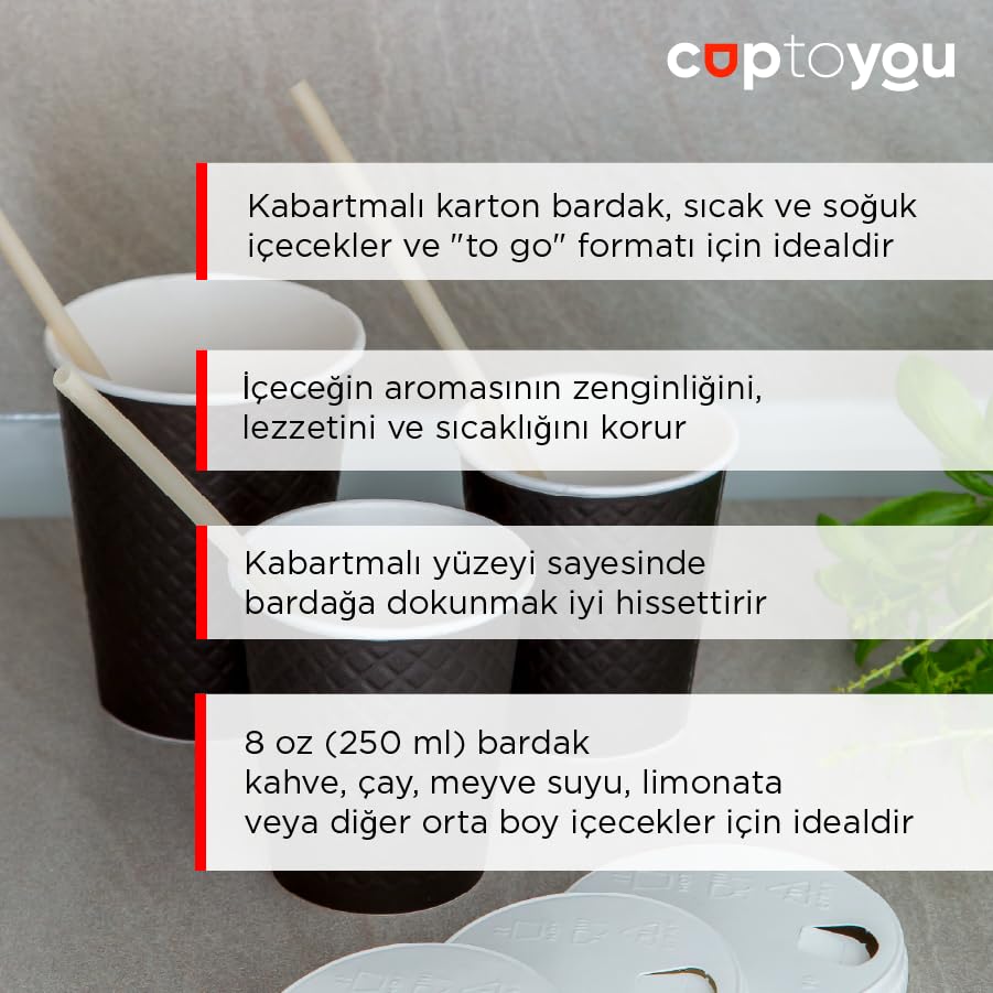 CUPTOYOU 25 adet siyah çift duvarlı kahve bardağı 8 oz, küçük kağıt çay bardakları 250 ml, soğuk ve sıcak içecekler, Waffle Siyah