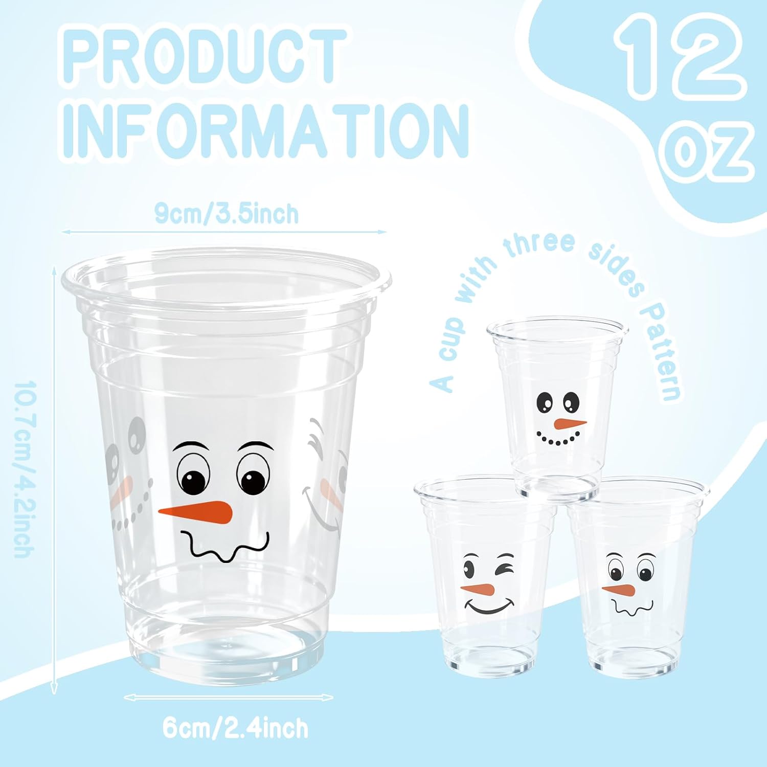 100 Pack Christmas Snowman Disposable Cups 12oz Smiling Snowman Face Plastic Party Cups Winter Drinking Cup for Xmas Holiday Party Favor Supplies Decor - Image 2