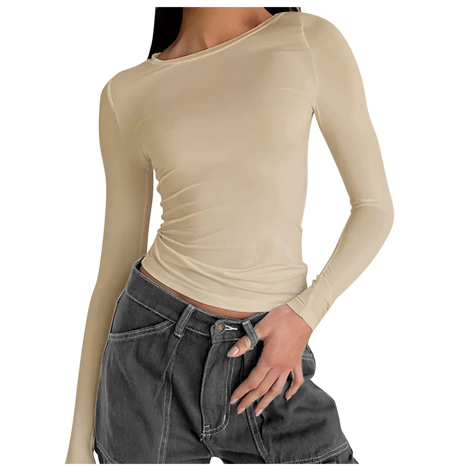 sous Vetement Thermique Femme Invisible Slim fit Crop Top Femme Manches Longues Sexy Tee Shirt Femme Court Amincissante Haut Chic et Elegant Soiree Quotidien Couleur Unie Ideal Tops (Beige, XL)