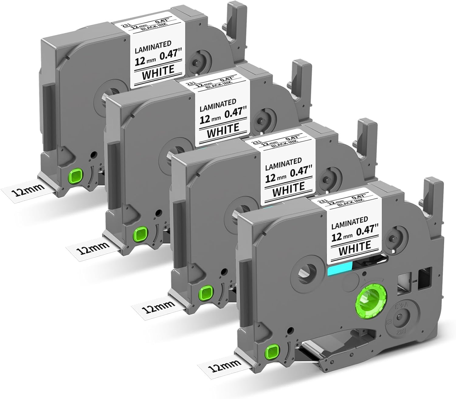 Tze-231 Laminated White Label Maker Tape Replacement for Brother P Touch Tze231 Tze Tz Tape 12mm 0.47" Compatible with Brother PTouch Label Maker PT-D210 PT-H110 PT-D220 PT-1880, 4 Pack