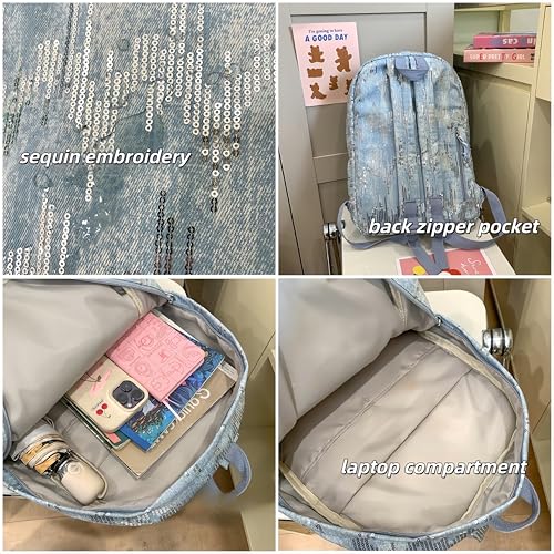 Y2k Backpack Women Sequin Denim Backpack Silver Bling Glitter Book Bags Mochilas Casual Daypack (Black)2