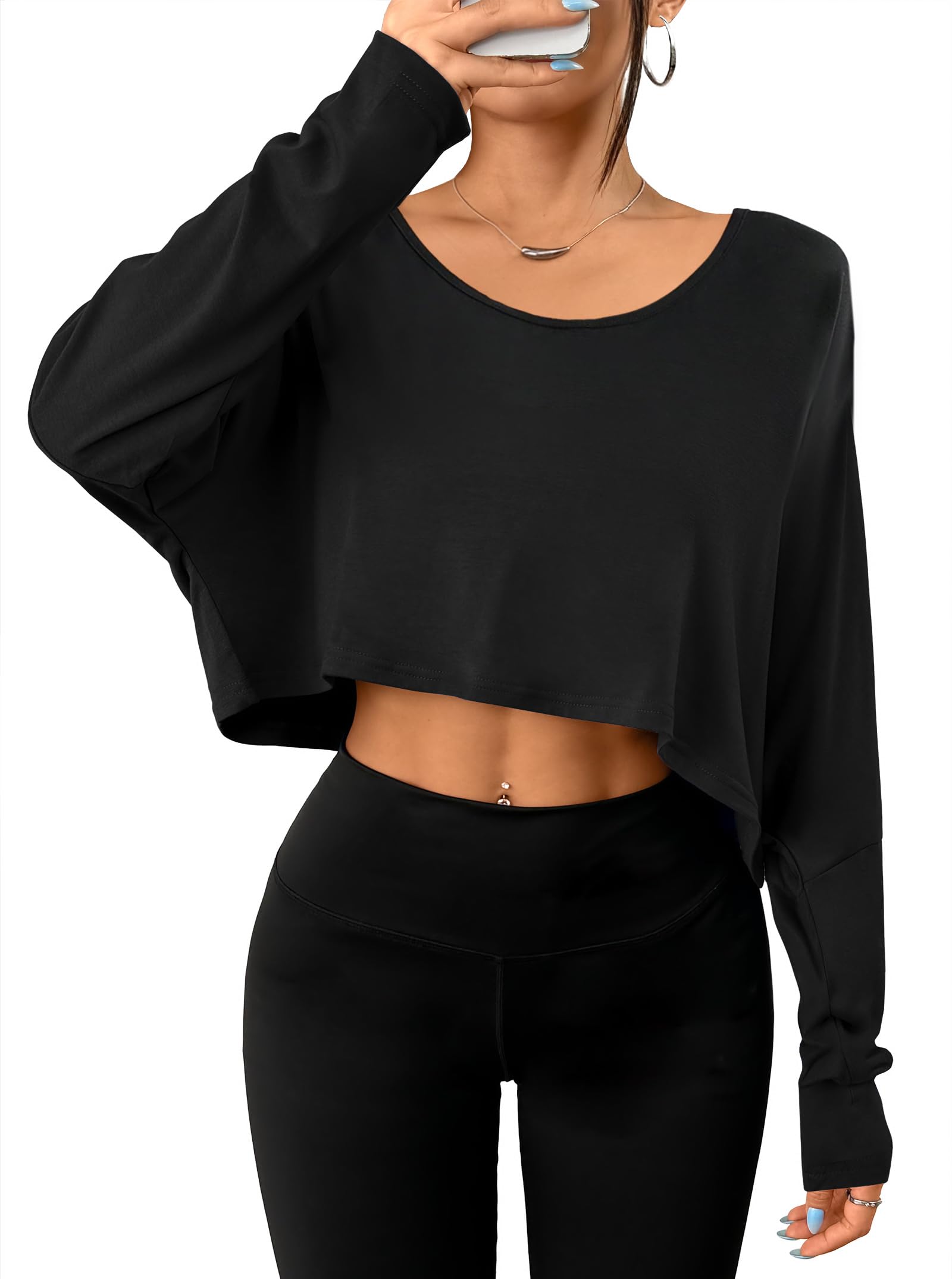 Remidoo Womens Batwing Long Sleeve Crop Top Crewneck Oversized Tshirt Casual Loose Shirt
