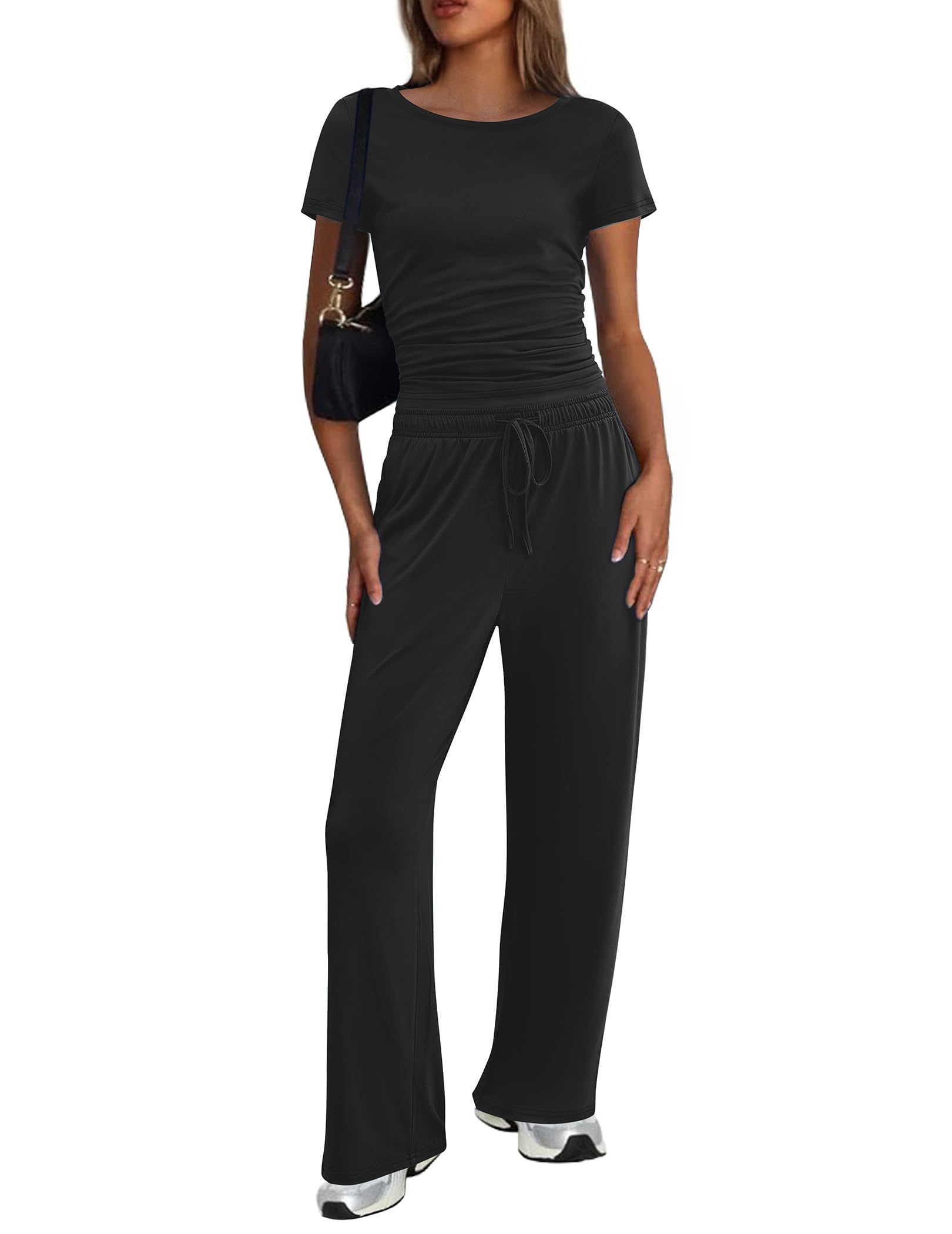 Ekouaer Women's 2 Piece Sets Outfits Short Sleeve Wide Leg Tracksuits Casual Lounge Set Matching Sets with Pockets