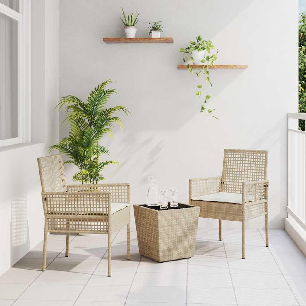 Juego bistró jardín Beige ratán sintético con Mesa Vidrio Templado, 3 Piezas, 2 sillas con Cojines, Ideal terraza Patio Exterior para Descanso y reuniones al Aire Libre