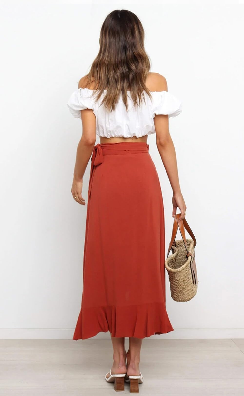 FEOYA Jupe Portefeuille mi-Longue Femmes Une Pièce Jupes Longues D'été Décontractées pour La Plage Taille Haute Jupes Maxi Enveloppantes