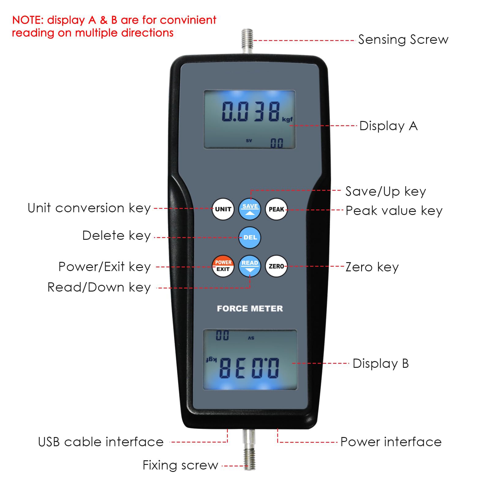 Digital Display Push-Pull Force Meter, Professional Pull-Pull Force Tester, Four Measurement Unit Switching, Data Output, Peak Hold, for Manufacturing, Electronics, Building Hardware, Textile