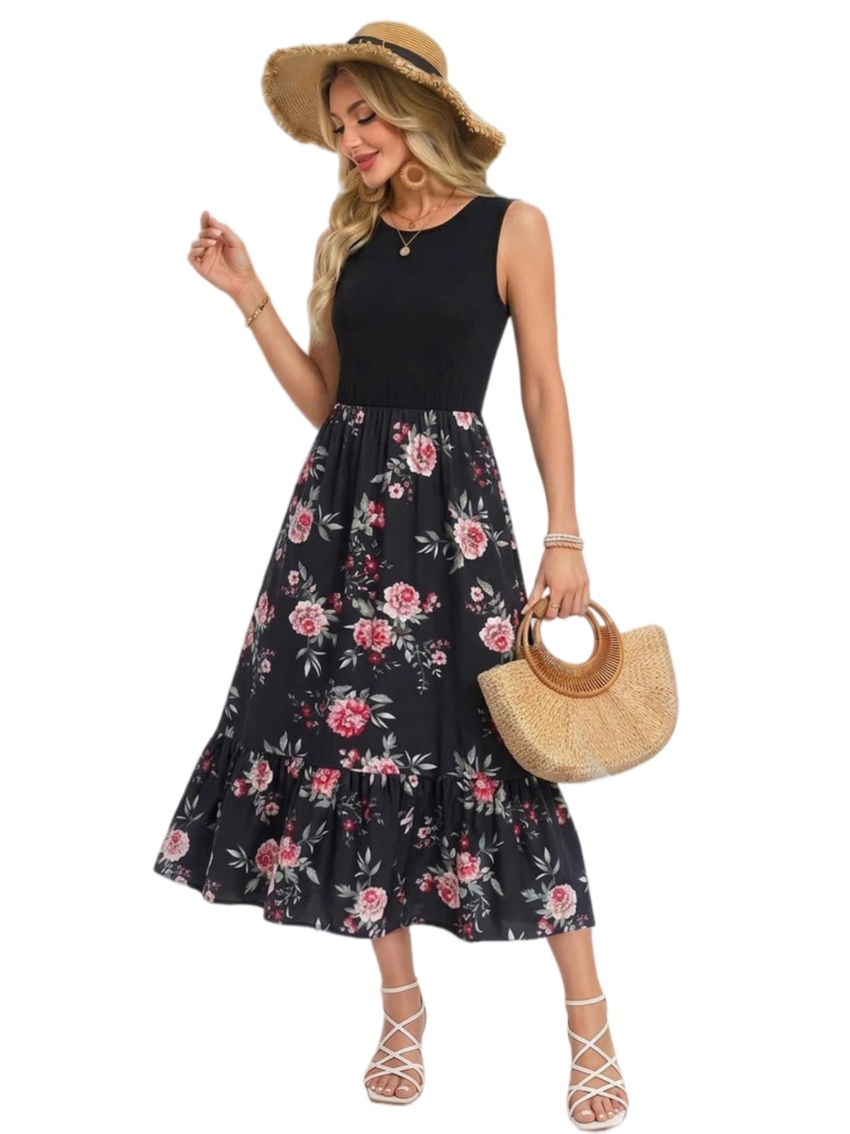 YUTILA Damen Sommerkleid Ärmellos Maxi Kleid Rundhals Zweiteilig Look Luftig Freizeitkleid mit Blumenmuster Elegant & Casual