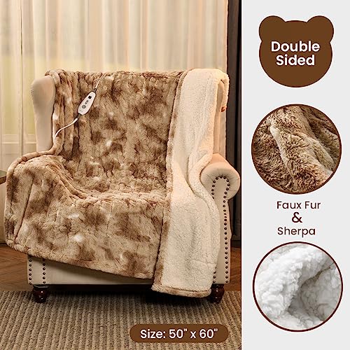 Image of Bearhug Electric Blanket Throw Size, 50 inch x 60 inch Heated Blanket with 6 Heating Levels & 4H Auto Shut-Off, Machine Washable Soft Velvet to Sherpa Reversible Heated Throw for Office, Couch and Sofa