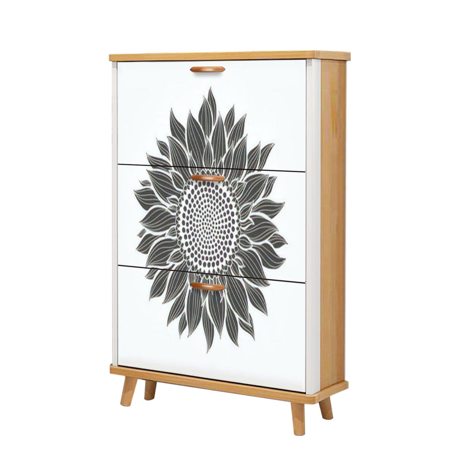 Shoe Cabinet with 3 Flip Drawers Sunflower Hand Draw Floral for White Silhouette Wooden Shoe Storage Cabinet Boho Freestanding Hidden Shoe Rack Slim Shoe Organizer for Entryway
