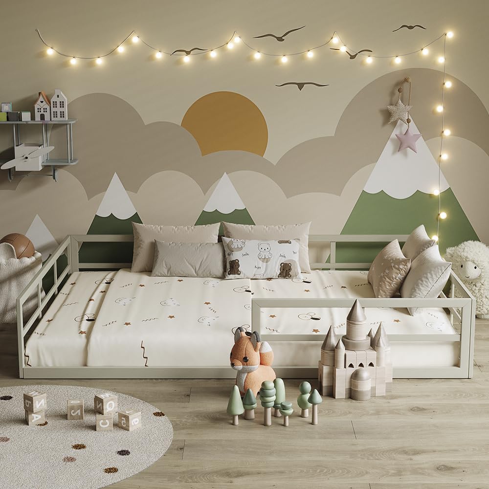 VitaliSpa Bodenbett Minno 140x200, Kinderbett aus Metall, Montessori Bett mit Rausfallschutz, niedrige Einstiegshöhe, Greige