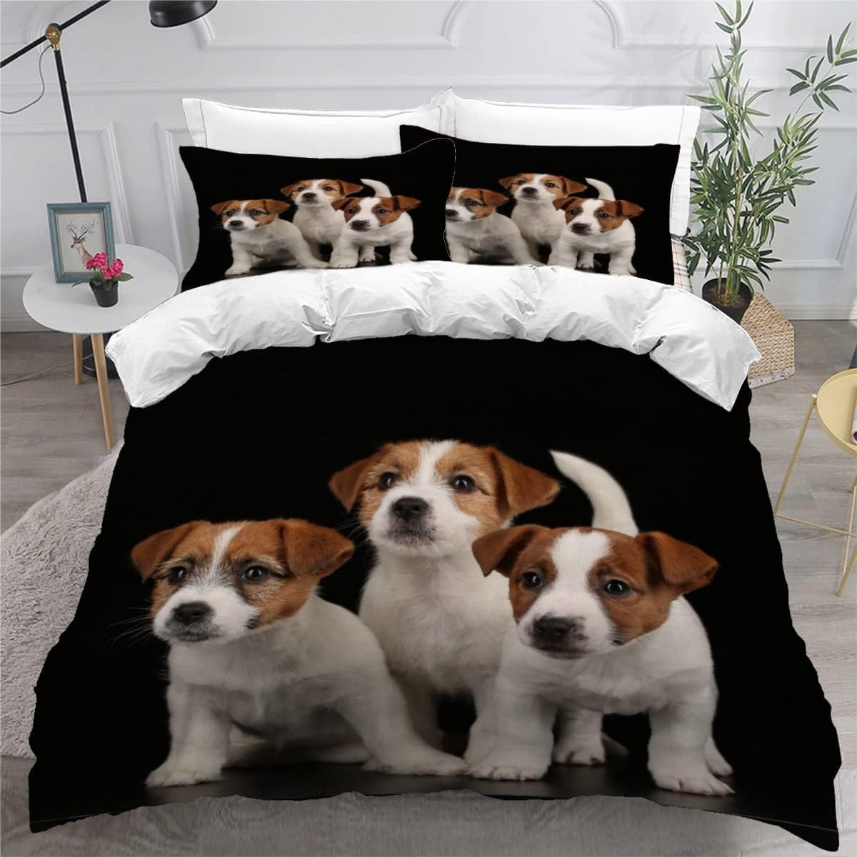MEVASA Jack Russell Terrier Bedding Set - Microfiber Teen Bedding Black Puppy 3D Set for Small Double - 3Pcs Anti Allergic Duvet Cover Set with Zipper /200x200