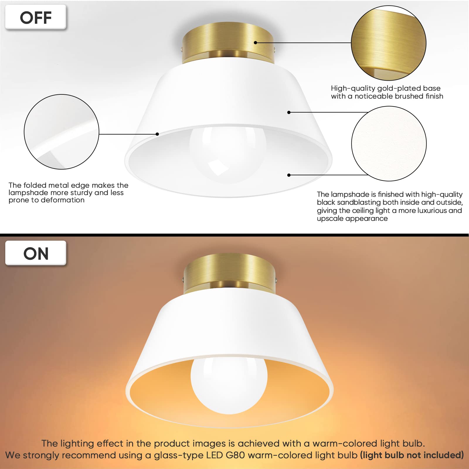 sanoni 2 Pack Industrial Semi Flush Mount Ceiling Light, White Sandblasted Finish Metal Shade Ceiling Light Fixture, Farmhouse Light Fixture for Porch Hallway Passway Kitchen Bathroom Bedroom