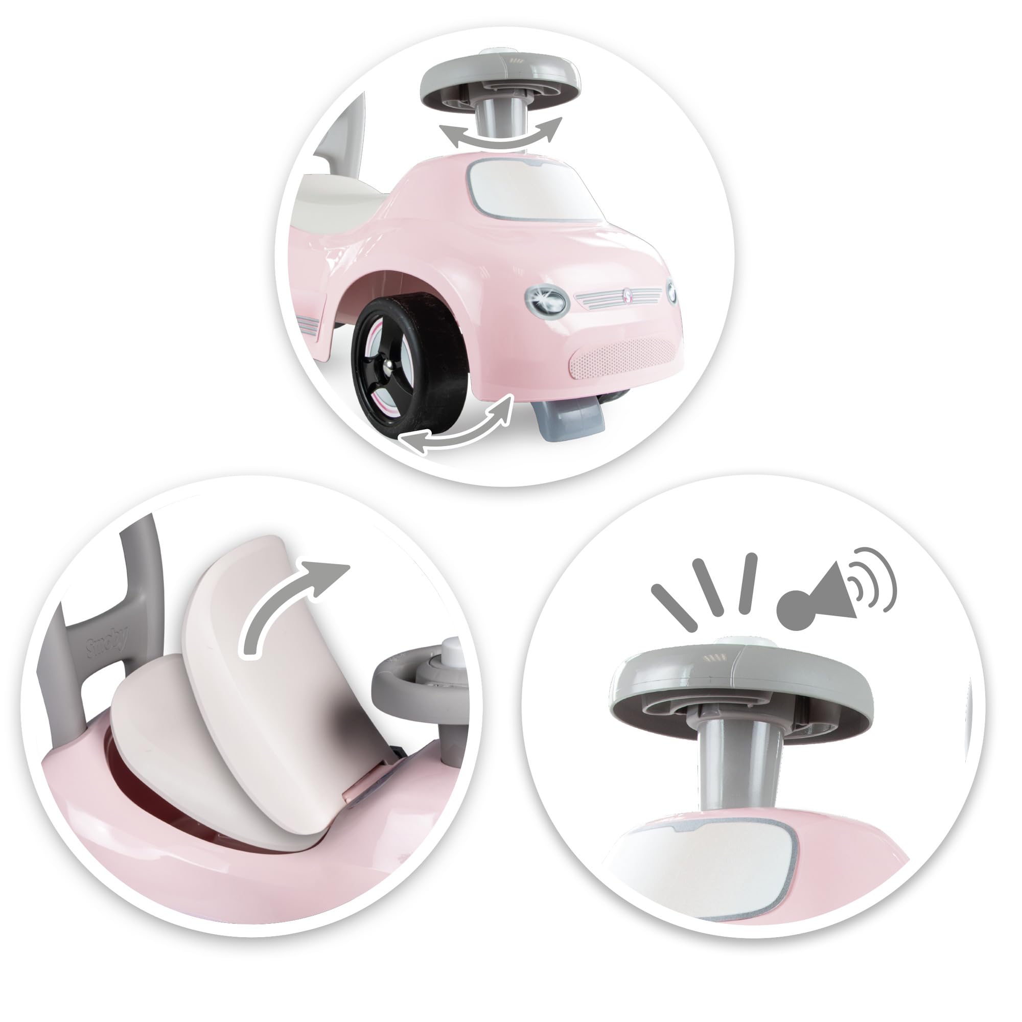 Smoby - Auto cavalcabile rosa - Funzione girello - Volante - Ergonomico e maneggevole - Contenitore per giocattoli - Dai 10 mesi - Prodotto in Francia