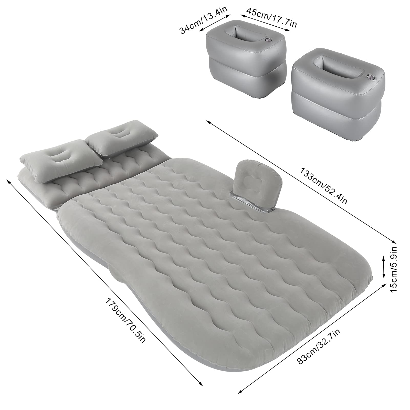 BigKing Matelas Gonflable Voiture – Universel 12V – Lit 250 Kg – Gris Avec Oreiller Pour Camping