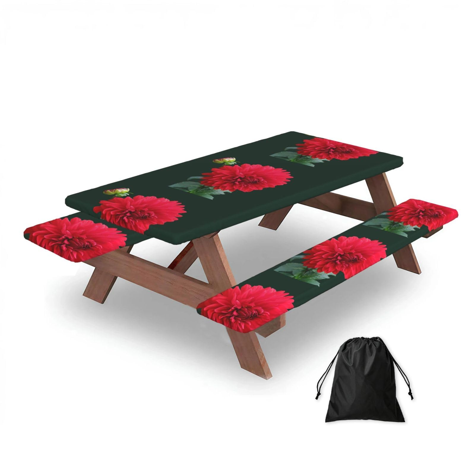 Dopklna As Picture Red Dahlia, Picnic Table Cover With Bench Covers -Waterproof Elastic Fitted Tablecloth For Garden Camping Patio 76X152cm