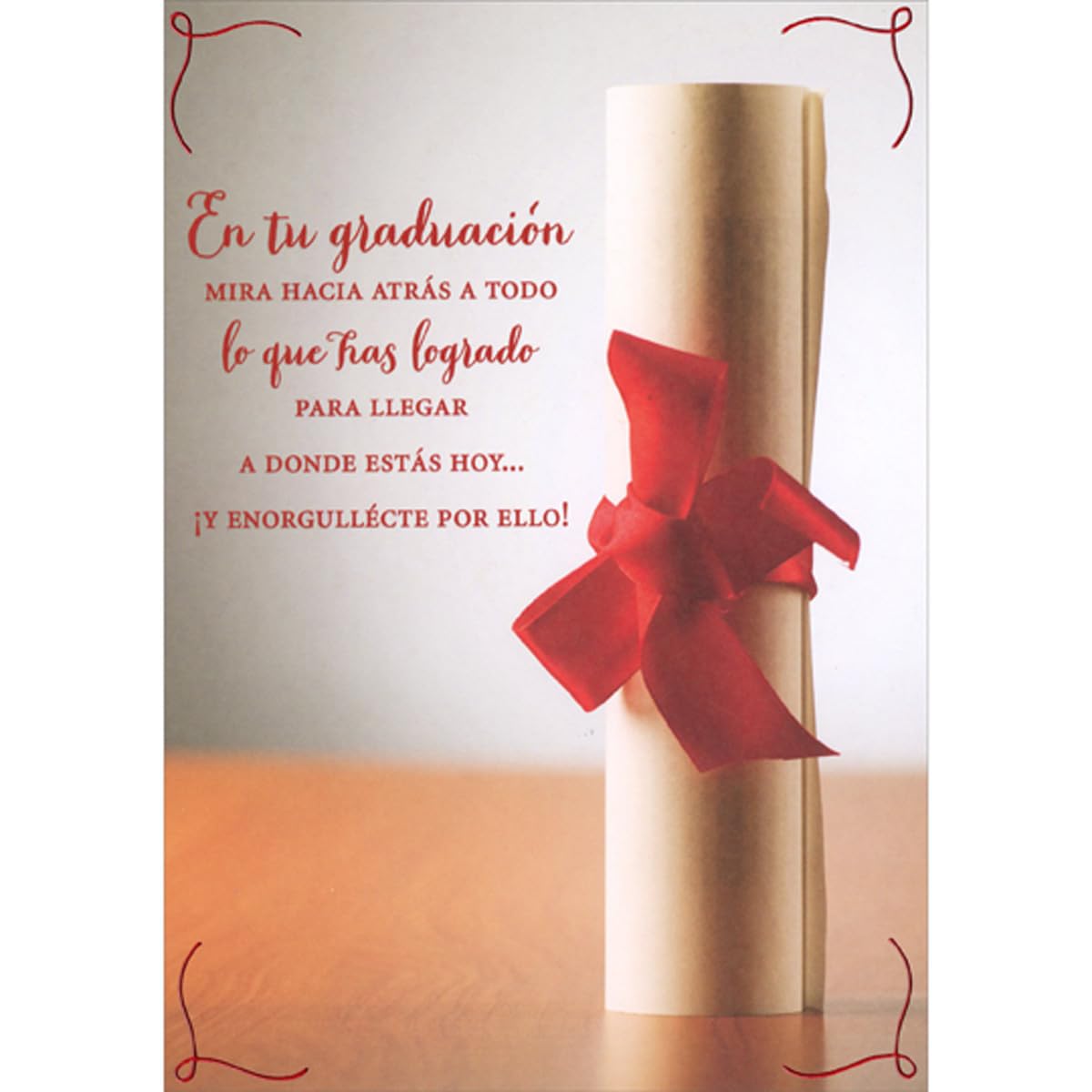 Designer Greetings Photo of Diploma and Red Ribbon Standing Up on Table Top Spanish Graduation Congratulations Card