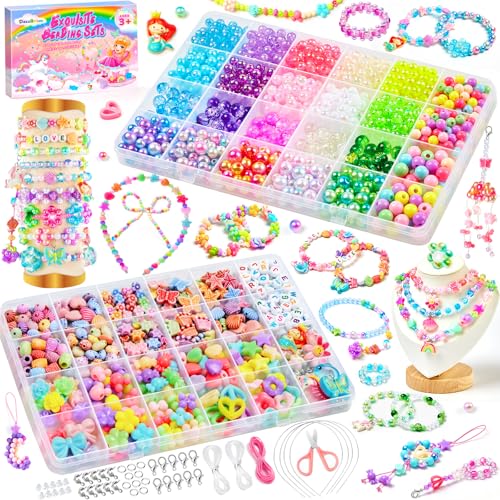 DazzBoom Armbänder Selber Machen 2 Boxen Schmuck Basteln Mädchen DIY Armbänder Selber Machen Craft Set Bunte Perlen zum auffädeln Geschenke Mädchen 5 7 9 10 Jahre