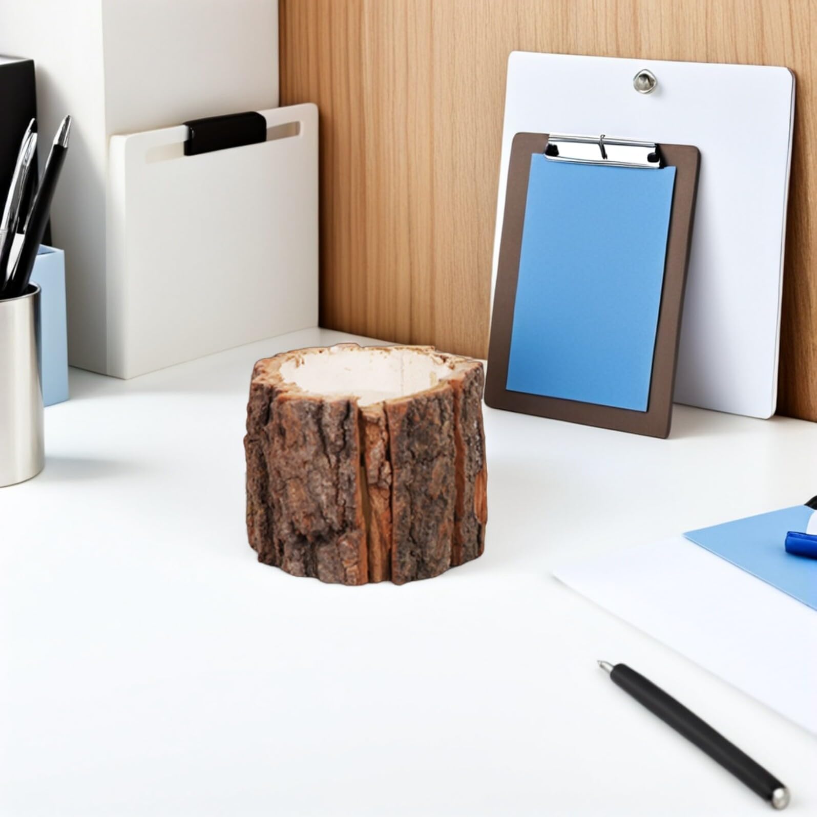 Portapenne in Legno Effetto Corteccia 5 Pezzi, Organizer | Design Creativo Decorativo, Soluzione Salvaspazio per Insegnamento e Lavoro, Set da 5 Pezzi