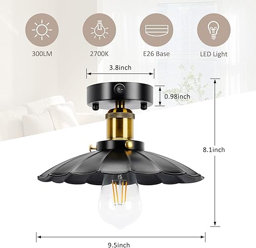 Miniatura 5 de Lámpara de techo vintage de 12 V, 3000 K, 12 voltios, con interruptor de encendido y apagado, negro, 1 unidad, 1 bombilla E26 incluida, interior,