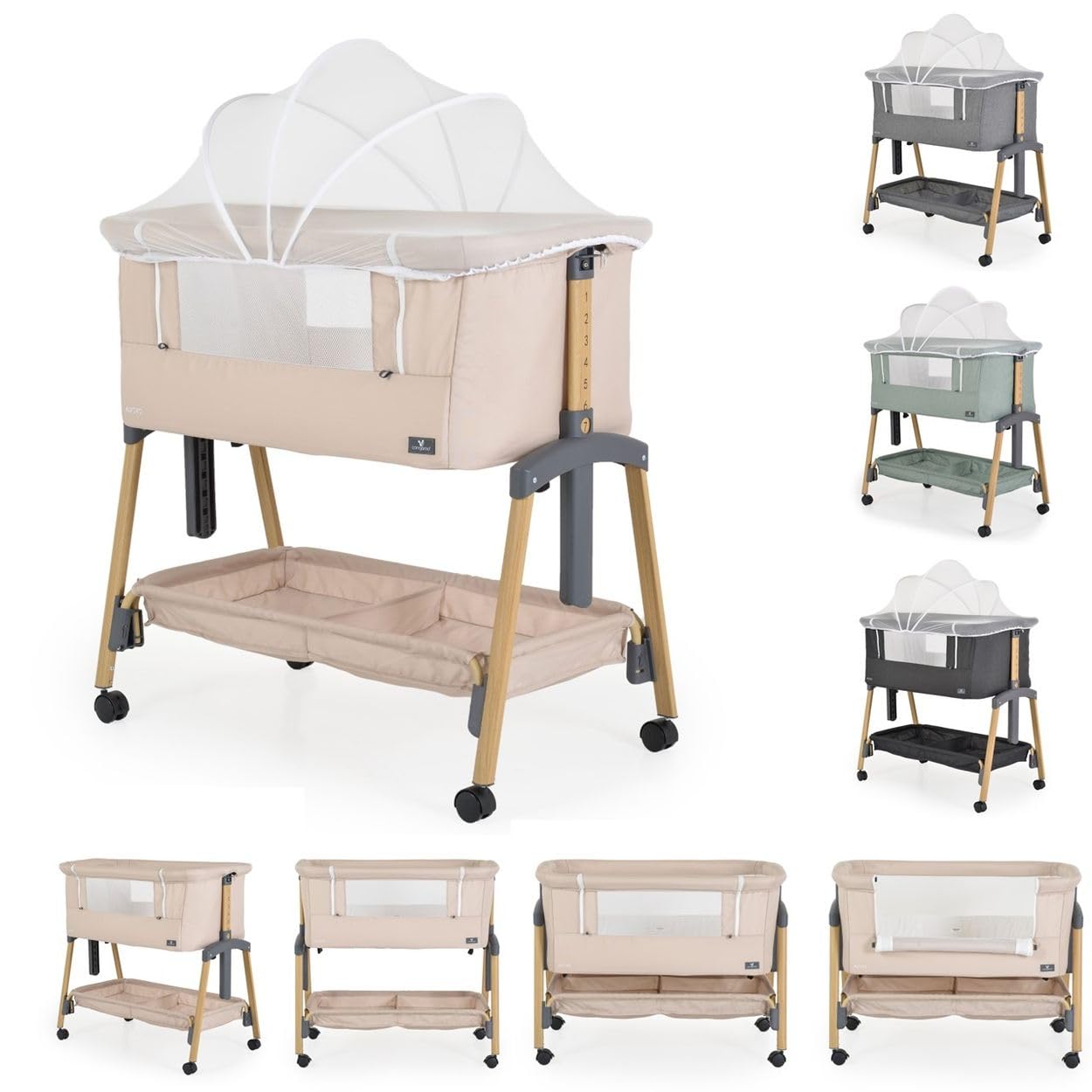 Canguro lettino, culla Adoro, regolabile, materasso, zanzariera, ruote, colorazione:beige