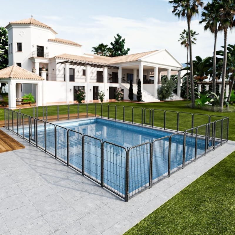 Metal Swimming Pool Fence 36.75ft (L) × 40in (H) with 16 Panels, in Ground Pool Safety Fence, Protective Barrier with Reinforced Stakes, Compatible with Patios & Gardens, Black-Silver