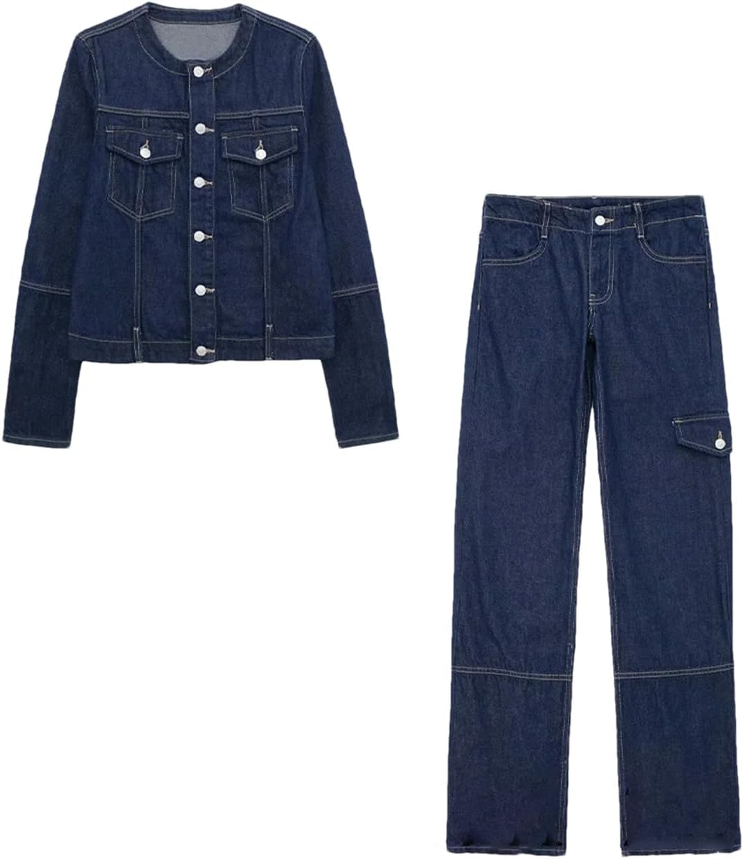 Womens Vintage Cowboy Suit O-Neck Single Breasted Denim Jackets High Waist Wide Leg Jeans Workwear Two Piece Set