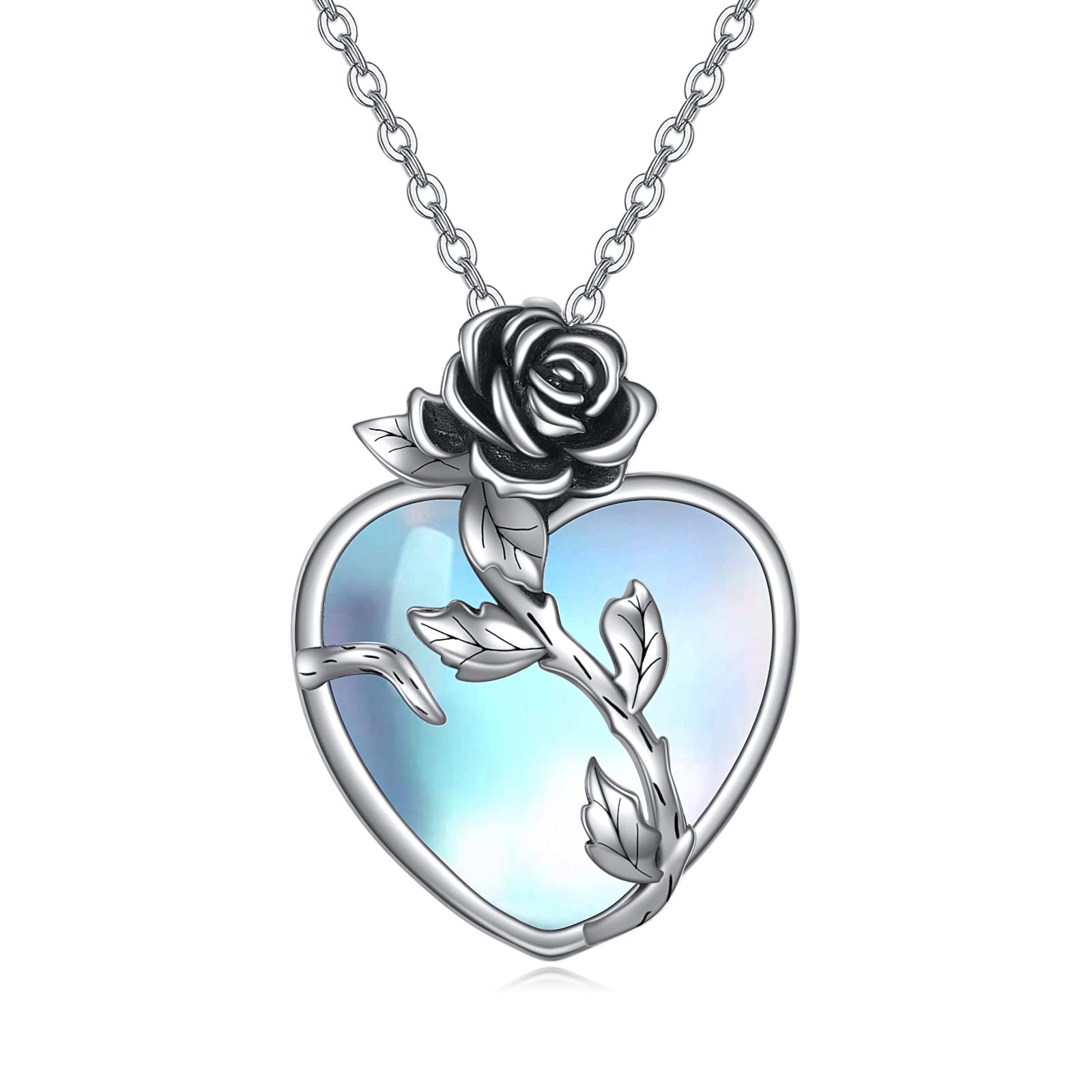 URONE Sterling Silver Rose Flower Necklace Moonstone Heart Necklace Moonstone Jewelry for Women Girls 18+2 inch Chain