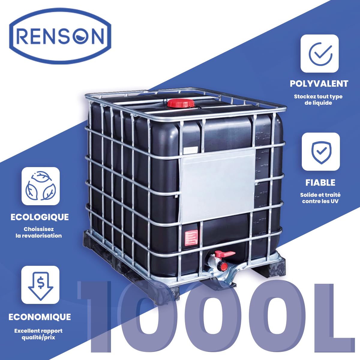 Récupérateur Eau de Pluie Noir Anti-UV RENSON reconditionné, IBC, cuve eau1000 litres, réservoir Eau de Pluie, Citerne Eau