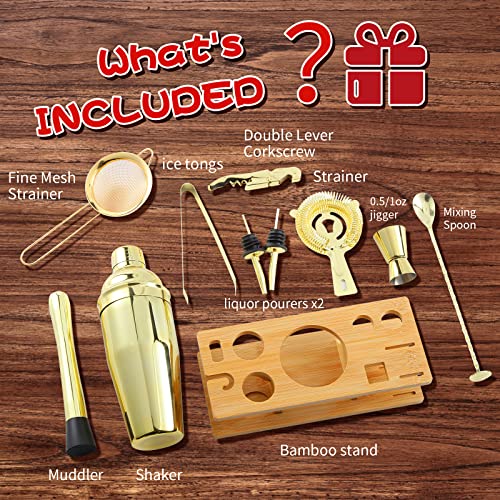 OBALY Bartender Kit 11-Piece Cocktail Shaker-Muddler for Cocktails 25oz Boston Shaker-Bar Accessories with Stylish Bamboo Stand Mix Drink Shaker kit Perfect Martini kit with Cocktail Recipes Booklet