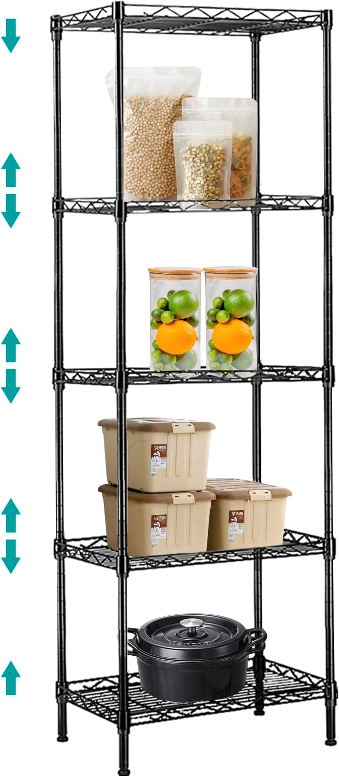 Doredo 5 Tier Wire Shelf Adjustable, 5 Tier Metal Storage Shelves, Black Wire Shelving Unit for Kitchen, Pantry, Laundry, Basement, 330Lbs Capacity, 11.5" D x 16.5" W x 47" H