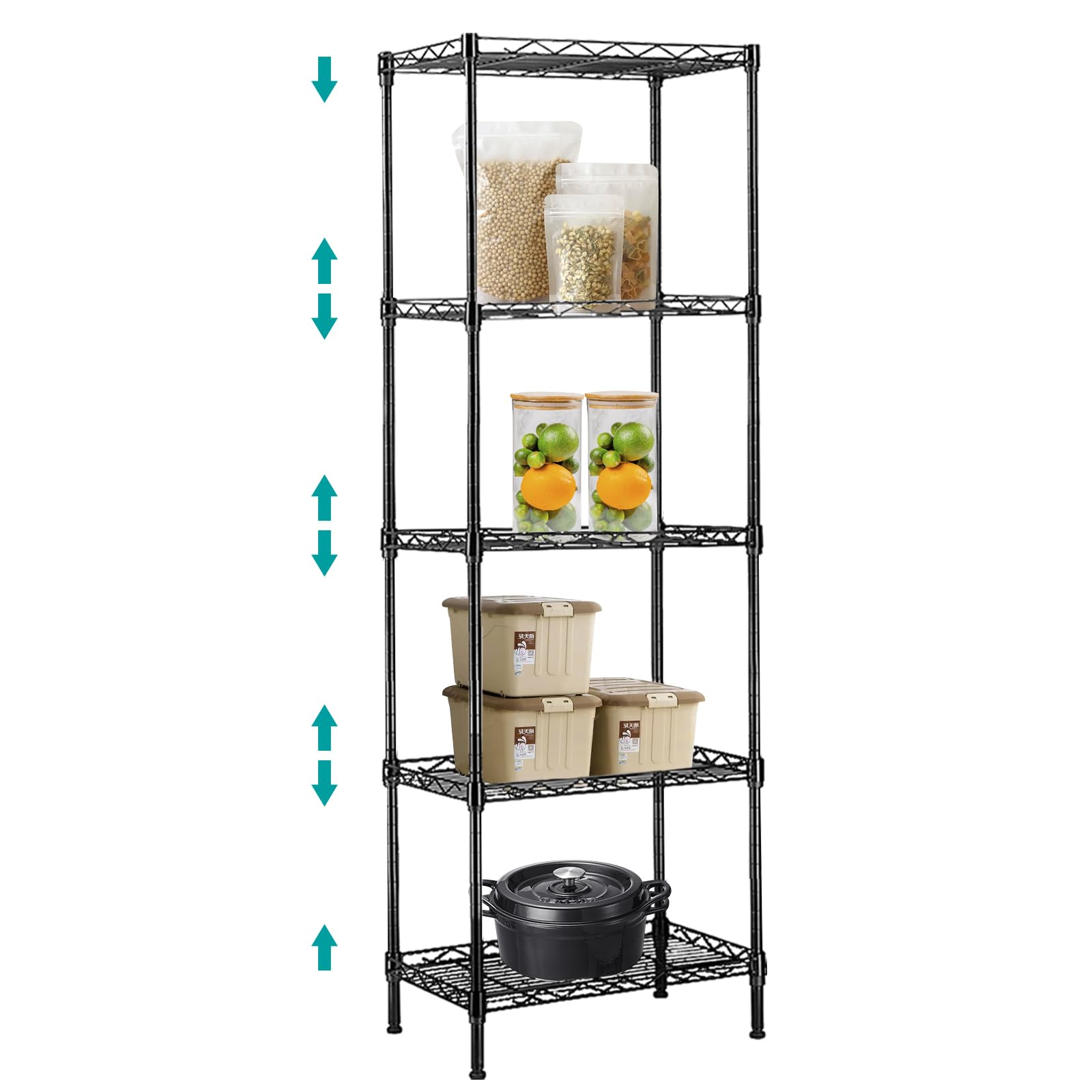 Doredo 5 Tier Wire Shelf Adjustable, 5 Tier Metal Storage Shelves, Black Wire Shelving Unit for Kitchen, Pantry, Laundry, Basement, 330Lbs Capacity, 11.5" D x 16.5" W x 47" H