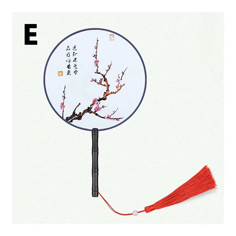 NZPOST Folding fan Chinese Japanese Style Hand Fan with Wooden Handle Portable Handheld Vintage Round Tassel Dance Fan Wedding Favors fan (E)