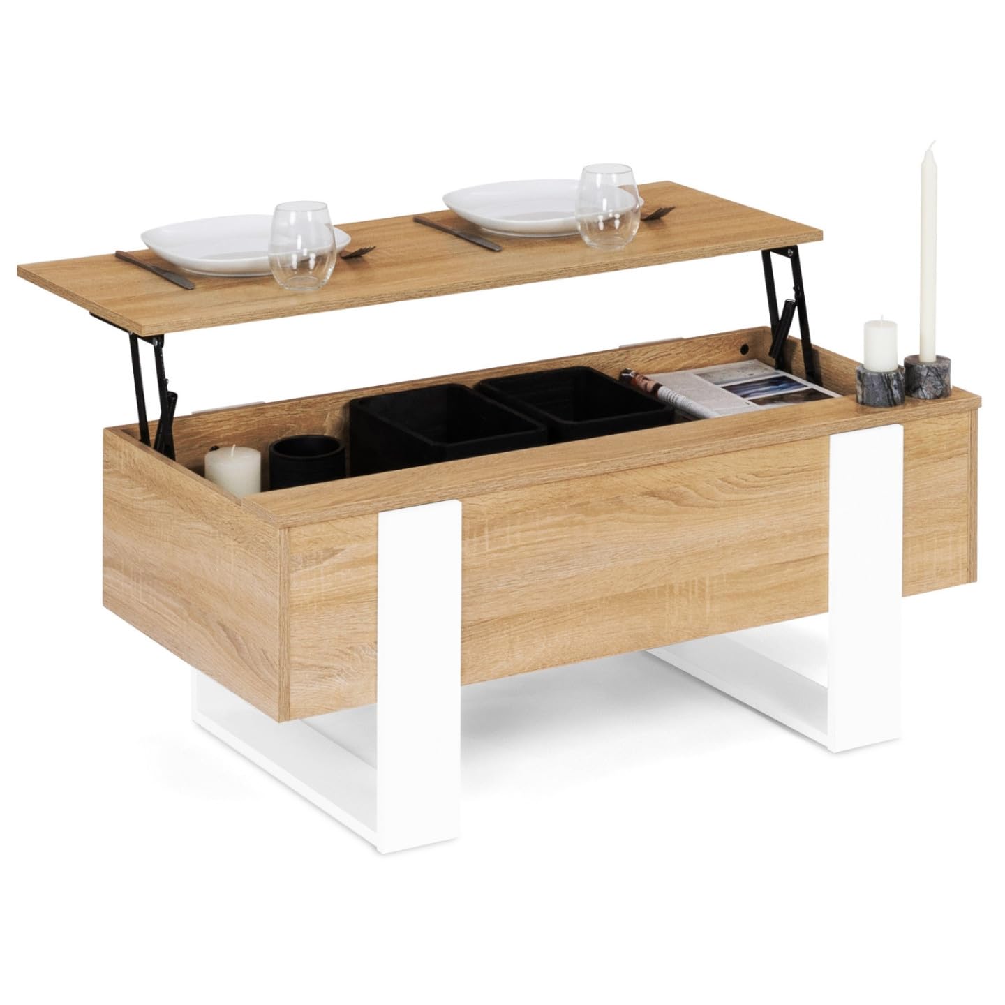 IDMarket - Table Basse Plateau relevable rectangulaire Phoenix Bois et Blanc