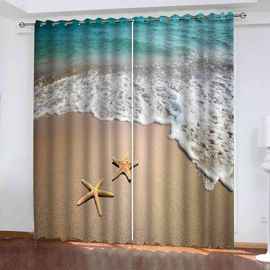 Rideau occultant thermique motif plage et étoiles de mer 3D pour salon moderne 264x242cm