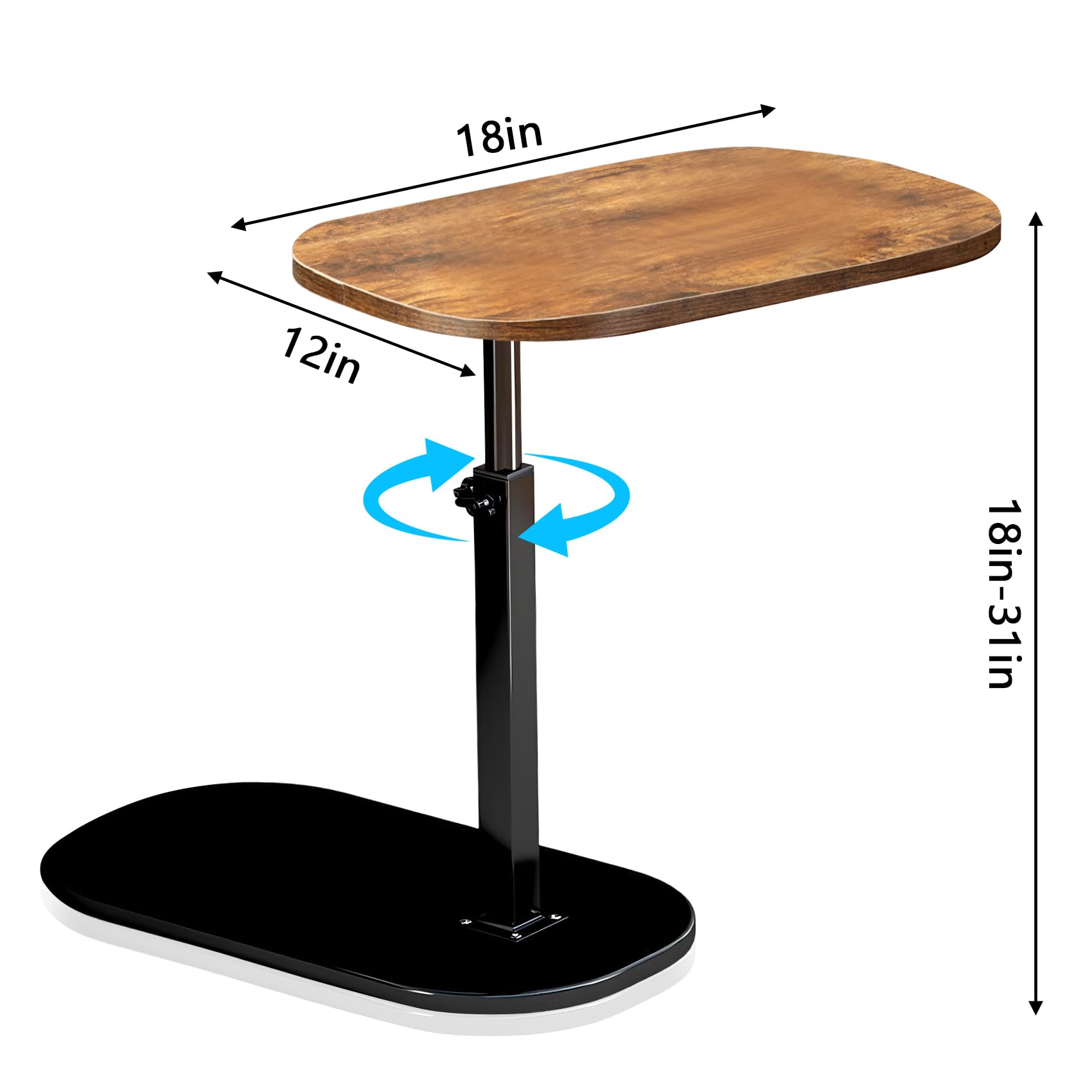 Table D'Appoint En Forme De C Réglable - Pivotante 360°, Roulettes, En Bois, Pour Ordinateur Portable, Canapé, Lit