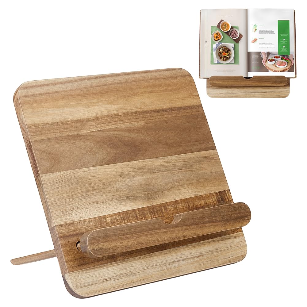 Peacoblue Kochbuchständer aus Akazienholz – Verstellbarer Rezeptständer 25x25 cm mit Tablet-Slot und rutschfester Basis – Stilvoller Buchhalter für Küche, Tablet & Smartphone