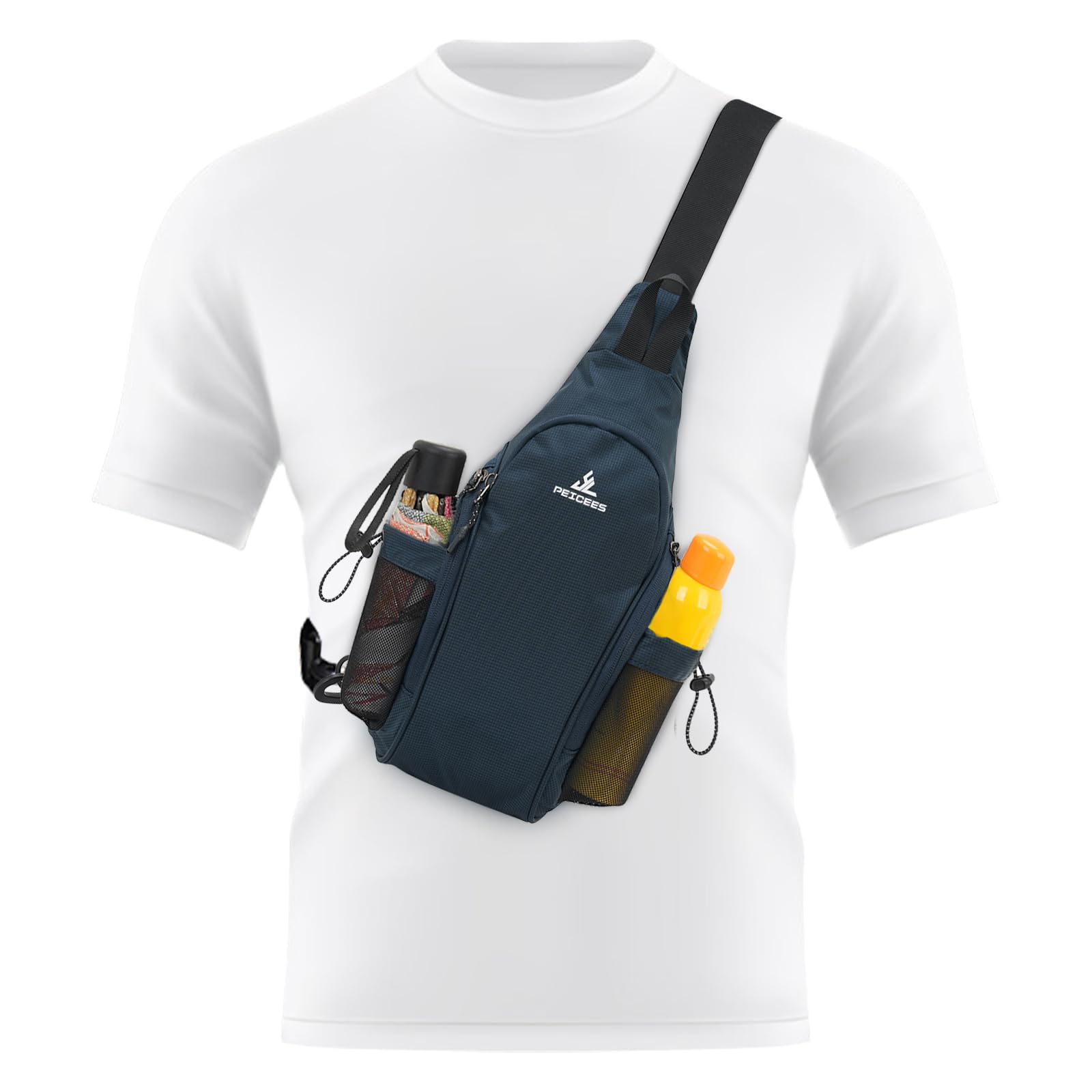 Peicees Small Sling Bag with 2 Bottle Holders (Suitable for 2.5 IN Diameter Bottle), Sling Backpack Crossbody Bag Chest Daypack for Daily Use Travel,