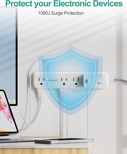 Miniatura 6 de Cable de extensión plano de 20 pies, múltiples tomacorrientes, protector de sobretensiones, 8 salidas de CA, 3 USB de carga rápida (3.4 A 17 W),