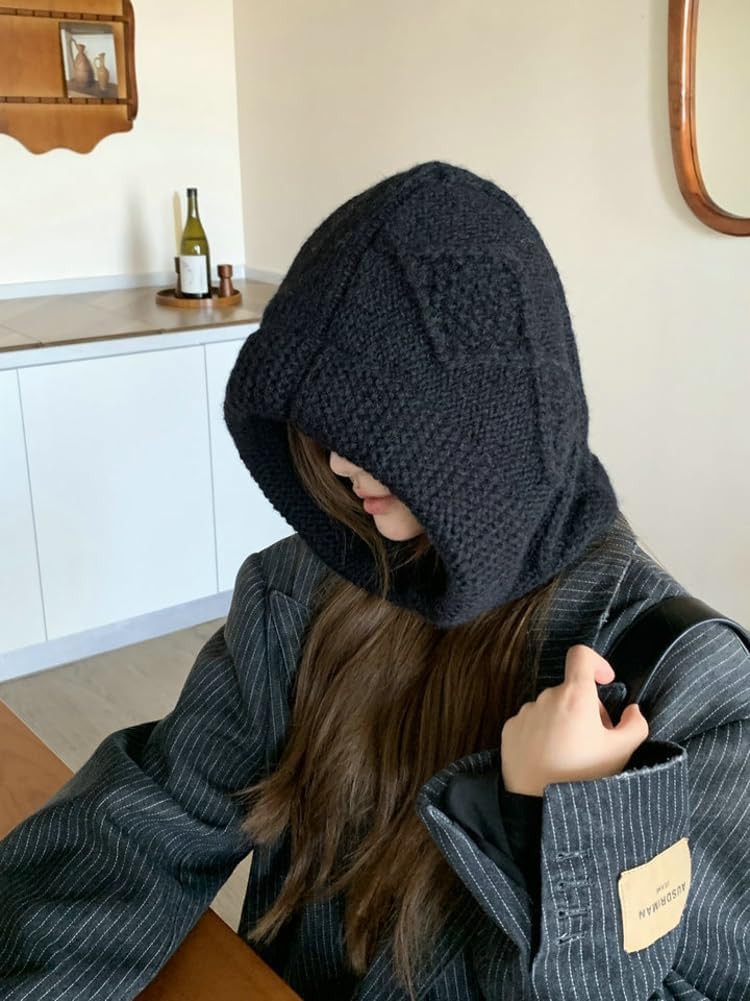 Solyinne Scarf for Women Oversized Wool Knit Balaclava Hat Chunky Cable Knit Scarfs Hooded Horn Buttons Winter Pullover Hats - Image 2