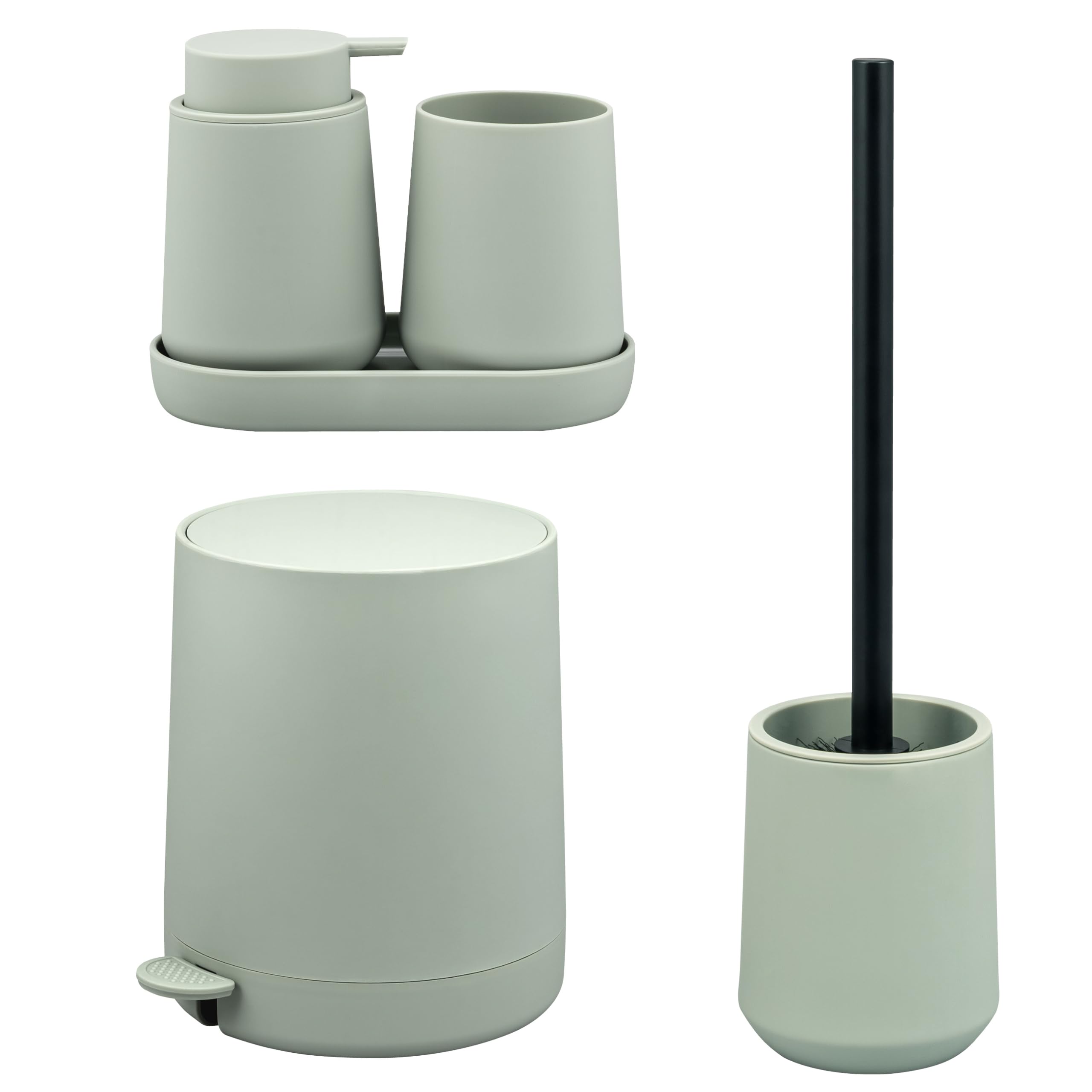eluno Badezimmer-Set TESERO mit Soft-Touch Oberfläche, Bad-Accessoires Set 5tlg. aus Seifenspender, Becher, Schale, Kosmetikeimer, WC-Garnitur für Badezimmer und Gäste-WC aus Kunststoff (Salbei)