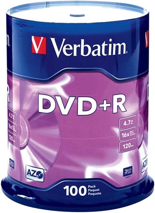 Verbatim DVD+R Blank Discs AZO Dye 4.7GB 16X Recordable Disc 100 Discs Spindle